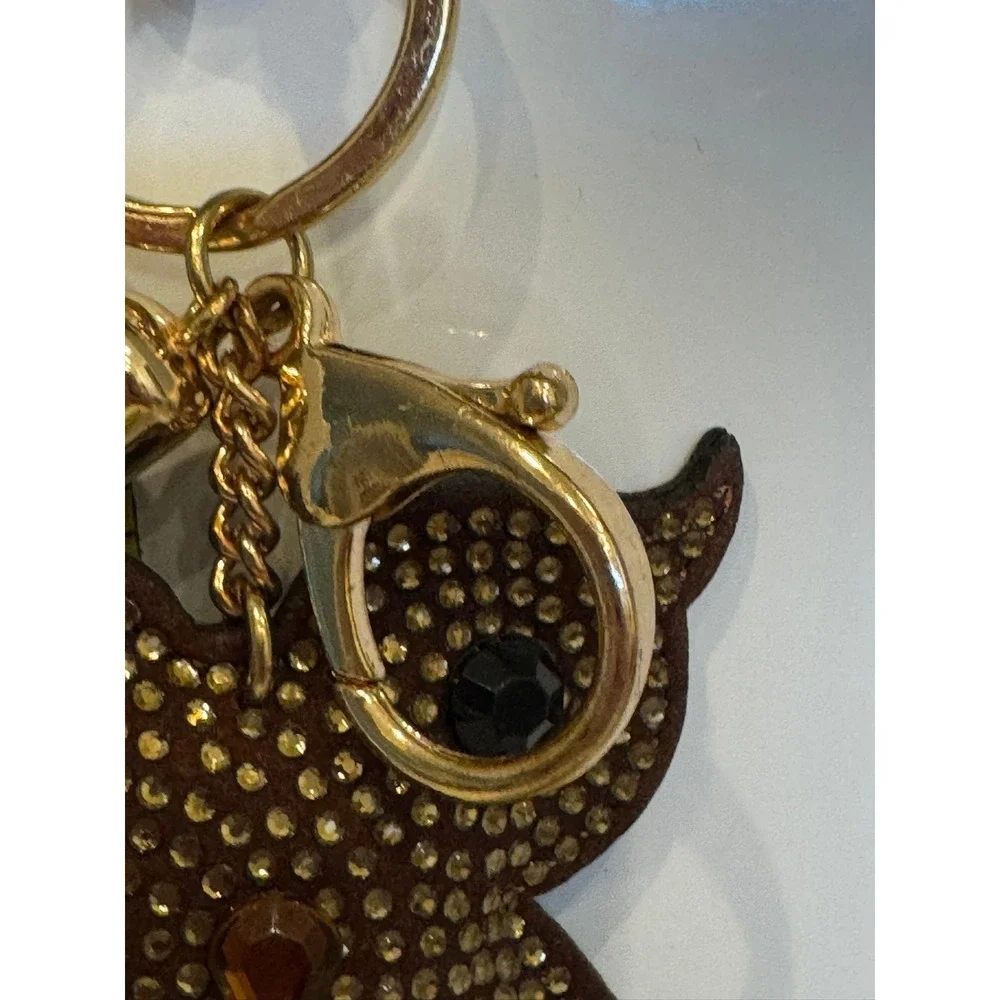 Brown Rhinestone Owl Keychain Gold Tassel Bag Charm Lobster Clasp Accessory